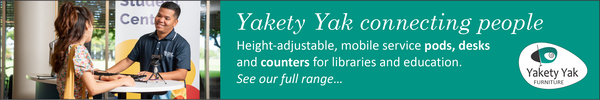 Ad for Yakety Yak furniture. Yakety Yak connecting people. Height-adjustable, mobile service pods, desks and counters for libraries and education. See our full range.